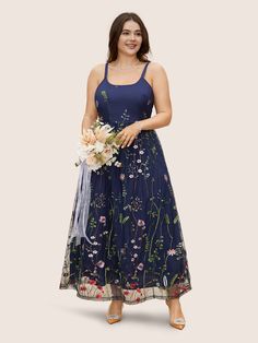 U Neck Floral Embroidered Mesh Cami Dress Maternity Dress Wedding Guest, Plus Size Wedding Guest, Bloomchic Dresses, Plus Size Wedding Guest Dresses, Navy Blue Floral Dress, Plus Size Fall Outfit, Split Hem Dress, Bride Outfits, Mother Of The Bride Outfit