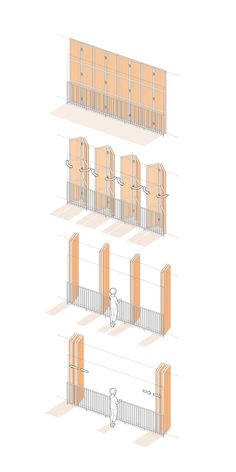 three different views of the same building with doors and railings, one showing an open door