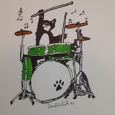 a drawing of a drum set with musical notes