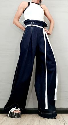 "New collection Denim Avant Garde Loose Pants, Harem Pants Women, Extravagant Denim Pants, Casual Pants, Punk Pants, Loose Pants ❤️ Extravagant designs and high quality fabrics! ❤️ Materials & Care Denim Hand wash at low temperatures. Do not machine dry. Do not iron. Do not dry clean! ❤️ Sizing We can make your piece from XS to 5XL! Everything in the shop can be also made according to your measures free of charge! ❤️ Shipping ✈ Ready to ship The time I need to prepare an order for shipping varie Unique Pants Design, Avant Garde Pants, Steampunk Shoes, Gothic Pants, Punk Pants, Harem Pants Women, Pants Loose, Pants Casual, Pantalon Large