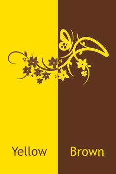 a yellow and brown background with flowers on the left, and an orange flower on the right