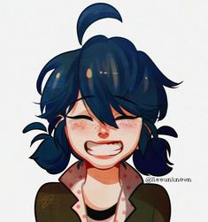 a drawing of a girl with blue hair and bangs, wearing a brown shirt is smiling at the camera