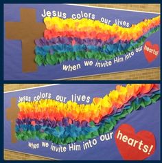 two bulletin boards decorated with paper hearts and rainbow streamers, one says jesus colors our lives when we live