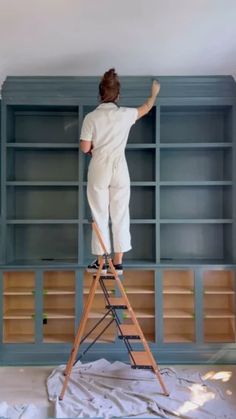 a woman standing on a ladder in front of a bookcase that is being painted