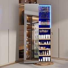 an open medicine cabinet with many bottles in it and lights on the wall behind it