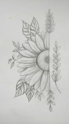 a pencil drawing of a sunflower with leaves and flowers on it's side