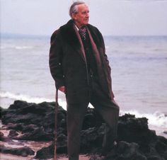 an old man standing on the rocks by the ocean with his cane in his hand