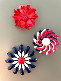 Vintage Patriotic Flower Power! Let's celebrate the USA!Show off your American spirit in your space with these fun vintage flower brooch magnets! I took vintage brooches and turned them into magnets. These magnets are perfect for decorating your refrigerator, cubicle, whiteboard or locker! This set of 3 comes packaged in an organza bag ready for gifting :) For additional vintage goodies, please visit FatFloozy Vintage at https://fatfloozyvintage.etsy.com Retro Flower Brooches For Collectors, Patriotic Flowers, Vintage Patriotic, American Spirit, Brooch Vintage, Let's Celebrate, Enamel Flower, Cubicle, Flower Pins