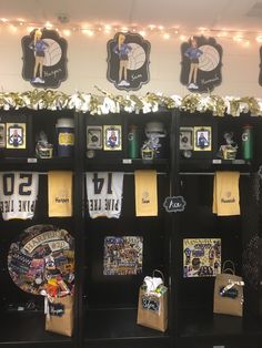 the lockers are decorated with various items and decorations for sports fans to enjoy their time