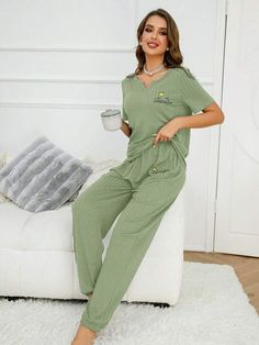 Letter Embroidery Notched Neckline Tee & Trousers PJ Set | SHEIN UK Loungewear Outfits, Notched Neckline, Women's Sleepwear, Letter Embroidery, V Neck Top, Sleepwear & Loungewear, Pajama Set Women, Pajama Sets, Pj Sets