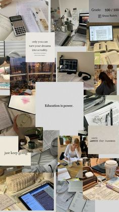 a collage of photos with people working at desks and papers on the table