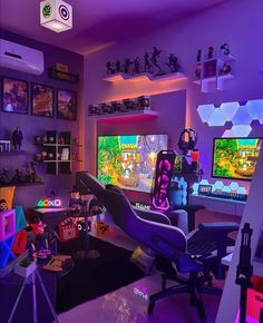 a room filled with lots of different types of gaming equipment and decorations on the walls