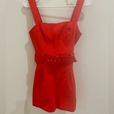 Red Romper With Belt And Ruched Back Detailing. Red High-waisted Jumpsuits And Rompers For Summer, Red Sleeveless Jumpsuits And Rompers For Date Night, Sleeveless Red Jumpsuits And Rompers For Date Night, Red Jumpsuits And Rompers For Day Out, Chic Red High Waist Jumpsuits And Rompers, Chic Red High-waisted Jumpsuits And Rompers, Red Fitted Jumpsuits For Day Out, Brown Romper, Tropical Romper