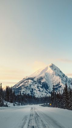 a snow covered road in front of a mountain with trees on both sides and a yellow light at the end