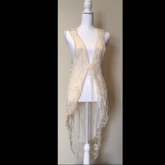 Exceptionally Intricate And Beautiful Detail; Lining Throughout; Longer In Back; Dress Up For Evening Out Or Dress Down As Funky Boho Casual; Can Wear Open Or Tie Lace Sash In Front; Ivory/Off-White Color; Cotton Polyester Blend; Labeled As S/M Size; Pristine Condition - Never Worn - Nwt - Carefully Stored In Pet-Free Smoke-Free Environment White Fitted Bohemian Vest, Long Blazer Vest, Bohemian Lace Sleeveless Vest, Spring Lace Patchwork Outerwear, Bohemian V-neck Vest For Spring, Check Vest, Sleeveless Vest Jacket, Long Sweater Vest, Cream Bohemian V-neck Cardigan