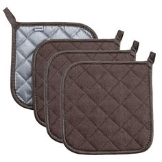 three oven mitts are shown in brown and grey colors, one has a quilted design on the front