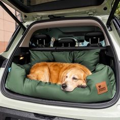 a large brown dog laying on top of a green bed in the back of a car