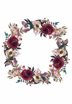 an image of a wreath made with flowers and leaves in watercolor on white paper