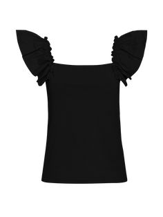 A square neckline, elastic at the shoulders and some serious poplin ruffle action make this one perfect for a day to night transition. Just add a bold lip and be sure to show off those shoulders. (This one comes in Jet Black.) | Misty Top in Jet Black | Ethical Essentials Stretch Square Neck Top With Ruffles, Square Neck Ruffled Stretch Top, Square Neck Elastane Top For Summer, Chic Square Neck Tops, Chic Cotton Tops For Evening, Black Ruffle Square Neck Top, Chic Cotton Evening Tops, Chic Evening Cotton Tops, Chic Ruched Top With Ruffled Straps