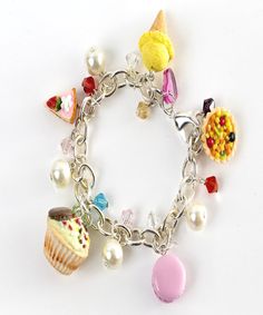 sweets confections charm bracelet- sterling silver bracelet, ice cream, french macaron, cupcake, cak Green Tea Cupcakes, Polymer Clay Fruit, Clay Fruit, Sprinkles Design, Tea Cup Cake, Food Rings, Cupcake Charms, French Macaron, Miniature Food Jewelry