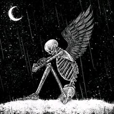 a skeleton with wings sitting on top of a hill in the rain under a full moon