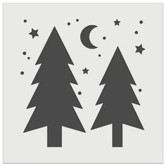 two trees with stars and the moon in the sky above them, on a white background