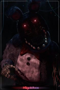 a creepy looking teddy bear with glowing eyes and an evil look on it's face