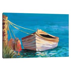 a painting of a boat tied up to a post on the shore with blue water in the background