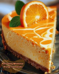 a slice of cheesecake with oranges on top