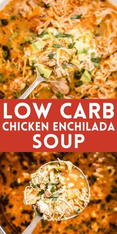 low carb chicken enchilada soup in a white bowl with spoons