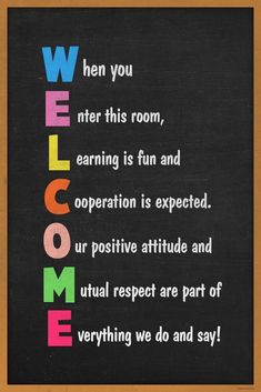 a chalkboard with the words welcome written in different colors and font styles on it