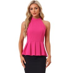 The peplum is rich in details and makes this top a statement layering piece. Wear it underneath a blazer to complete a polished and professional look when you need a boost of self-confidence if you're in business or anywhere professional. The sleeveless design provides arms comfort without overheating. This sleeveless peplum tank top is exquisite clothing for ladies' wardrobes, never out of style. Great with jeans, flared skirts, leather pants, wide-leg trousers, office-style pants, or shorts. Skirts Leather, Flared Skirts, Peplum Tank Top, Jeans Flared, Peplum Shirts, Women Halter, Peplum Blouse, Style Pants, Hem Style