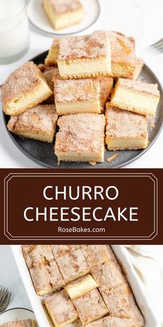 several different types of cheesecakes stacked on top of each other with the words churro cheesecake above them