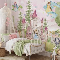 a child's bedroom decorated in pink and green with princesses on the wall