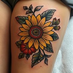 a woman's thigh with a sunflower tattoo on it