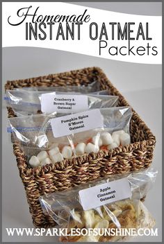 homemade instant oatmeal packets in a wicker basket with text overlay