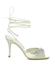 -Round open toe -Crystal decoration -Leather insole with logo -Leather sole -90mm medium cone heel -Knot closure at the ankle -Made in Italy -Color: GreenComposition: 100% Silk Green Manolo Blahnik, Shoe Goals, Dress Reference, Luxury Heels, Manolo Blahnik Heels, Crystal Heels, Heels High, High Hopes, Manolo Blahnik Shoes