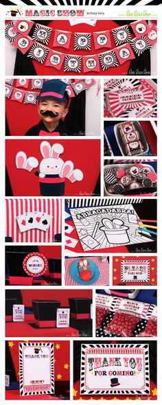 a collage of photos with red, black and white items on them that include paper cut outs