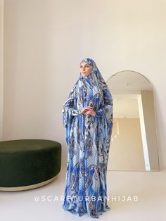 Long Khimar With Floral Print and Wide Cuffs Perfect Jilbab - Etsy Blue Long Khimar For Eid, Long Blue Khimar For Eid, Blue Modest Khimar For Eid, Traditional Blue Hijab For Eid, Modest Blue Niqab For Eid, Praying Clothes, Head Coverings, Wrap Dresses, Long Sleeve Wrap Dress