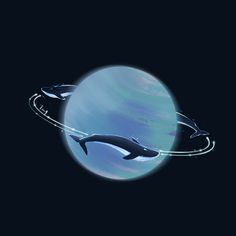 an image of two dolphins swimming in front of the planet with rings on its side