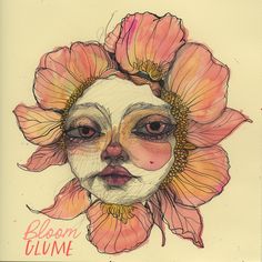 a drawing of a woman's face with flowers on her head and the words bloom clume written below it