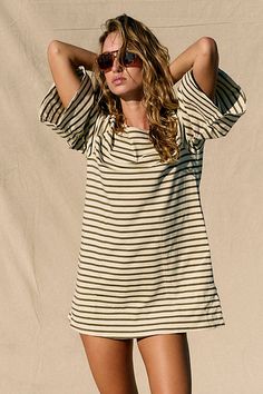 *The* perfect tee mini from our free-est collection, this wear-everywhere style will be your go-to from this season to the next. **Fit:** Relaxed, easy fit throughout **Features:** Wide boat neckline, draped ¾ sleeves, classic striped print **Why We ❤ It:** Off-duty with sneakers or beachy with sandals, this style has endless ways to wear. | Charlie Mini Dress by free-est at Free People in Green, Size: S Chic Cotton T-shirt Dress For Summer, Spring Relaxed Fit Mini T-shirt Dress, Spring Mini T-shirt Dress With Relaxed Fit, Relaxed Fit Mini T-shirt Dress For Spring, Chic Crew Neck T-shirt Dress For Summer, Summer Short Sleeve T-shirt Dress For Everyday, Spring Everyday Relaxed Fit T-shirt Dress, Relaxed Fit T-shirt Dress For Summer, Boat Neckline