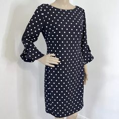 Nwot Karl Lagerfeld Lynn Ruffle Sheath Dress Navy White Flare Sleeve Polka Dot Stretch - Size 14 The Pit To Pit Is 21 Inches. The Length Is 38.5 Inches. Polka Dot Knee-length Workwear Dress, Knee-length Polka Dot Workwear Dress, Knee-length Polka Dot Dress For Work, Elegant Navy Dress, Womens Navy Dress, Karl Lagerfeld Dresses, Paris Black And White, Tweed Shift Dress, Navy Blue Midi Dress