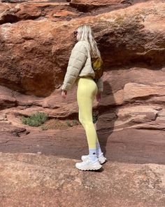 Happiest on the trail ✨ | trail outfit, hiking outfit, hiking outfit summer, hiking outfit spring, hiking outfit women, hiking aesthetic, hiking fits, cute hiking apparel, seamless top, seamless leggings, seamless leggings outift, yellow leggings, butter leggings, halfdays Trail Outfits, Hiking Apparel, Hiking Fits, Hiking Outfit Spring, Aesthetic Hiking, Outfit Hiking, Spring Skiing, Yellow Leggings, Women Hiking