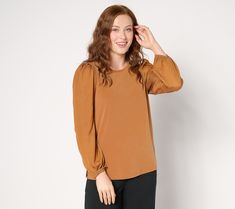 Look lovely in this luxe top featuring contrasting textured sleeves. Whether you're headed to happy hour or your bestie's birthday party, you'll arrive in standout style exuding confidence and feeling fabulous. From Susan Graver. Bestie Birthday, Susan Graver, Happy Hour, Knit Top, Puff Sleeve, Top Blouse, Tops & Tees, Birthday Party, Confidence