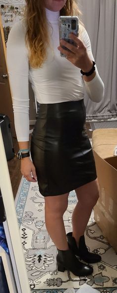 Date Night Faux Leather Pencil Skirt, Sleek Faux Leather Skirt For Office, Sleek Fitted Leather Pencil Skirt, Sleek Faux Leather Skirt For The Office, Elegant Faux Leather Pencil Skirt For Date Night, Faux Leather Fitted Skirt For Work, Fitted Faux Leather Skirt For Work, Sleek Mini Skirt For Office Wear, Sleek Mini Skirt For Office