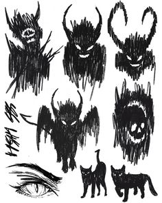 black and white drawing of different animals with eyes, ears, and horns on them