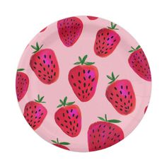 a paper plate with strawberries printed on the front and sides, all in pink