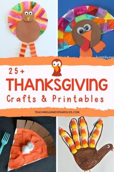 thanksgiving crafts and printables for kids that include turkey, turkey paper plates, handmade