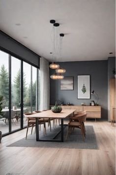 Open-concept Scandinavian living and dining area with cohesive design Scandi Style Dining Room, Scandinavian House Interior Design, Scandinavian Modern House Interiors, Scandavian Aesthetic, Minimal Home Aesthetic, Dining Room High Ceiling, Industrial Scandinavian Interior, Nordic Design Interior, Dining Room Scandinavian Style